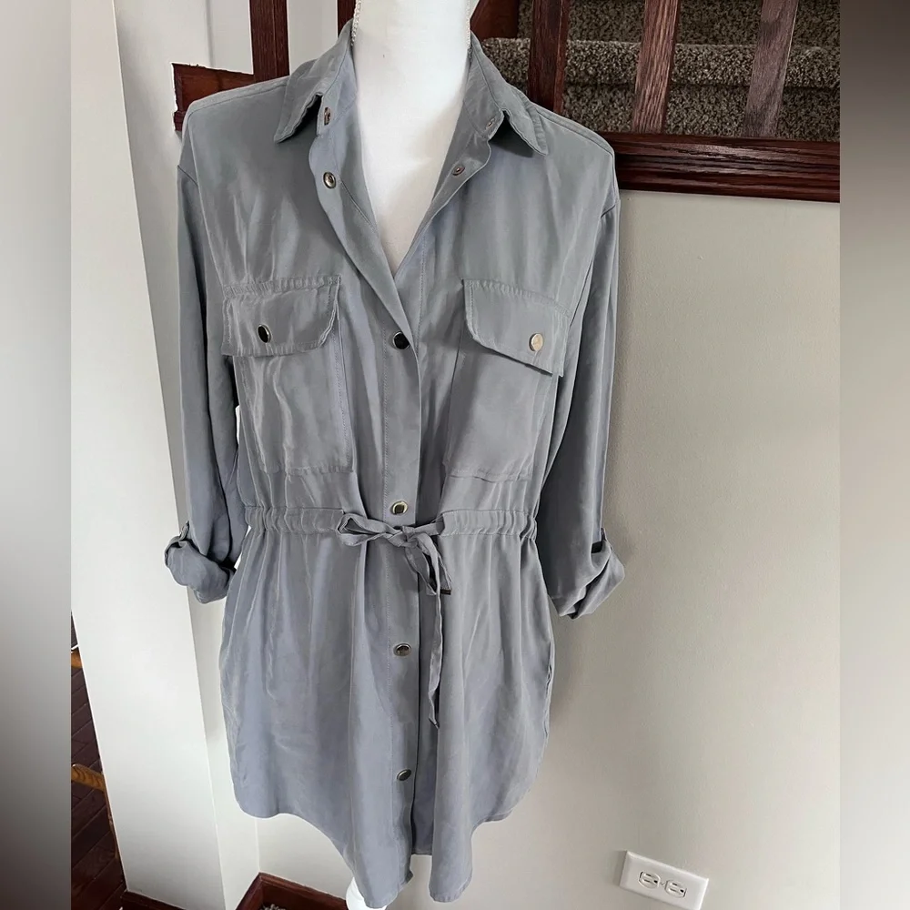 Zara Womens Grey Blue‎ Utility Tunic Shirt Drawstring Waist Snap Front Size M